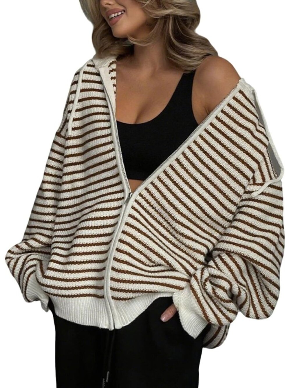 Women's Striped Zip Up Sweaters with Hood, Oversized Knit Hoodies